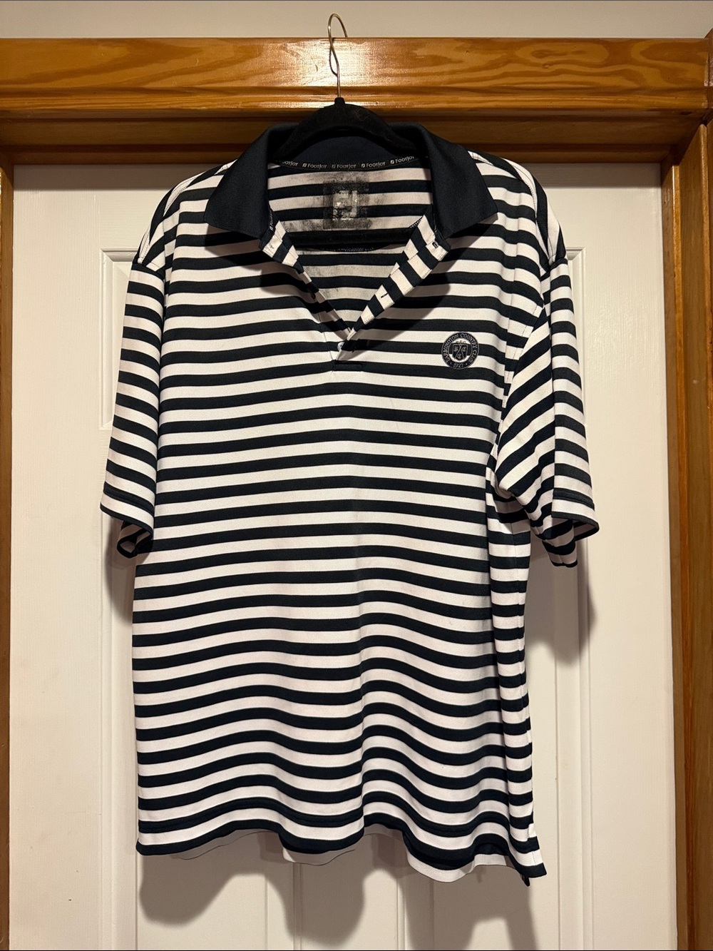 FootJoy Black and White Striped Polo with Black Contrast Collar